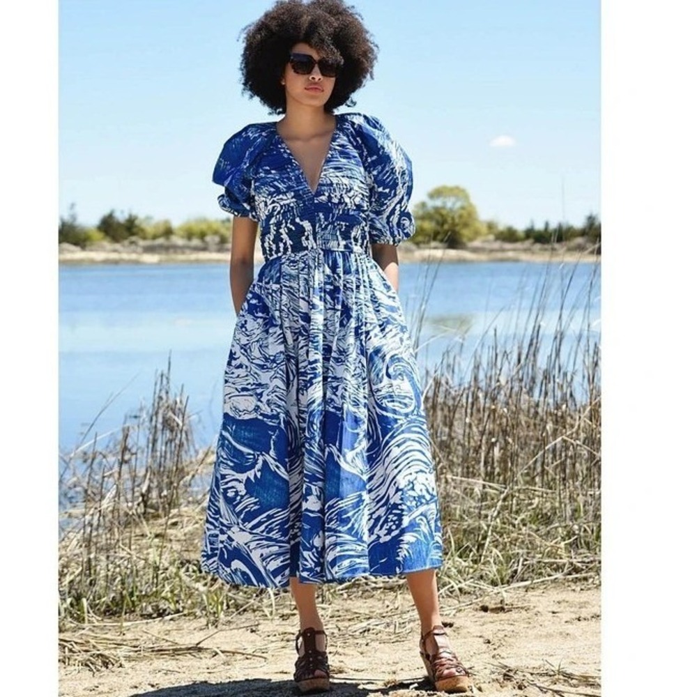 Jessie Zhao Pleated Midi Dress 6 Blue White Abstract Wave Puff Sleeve Coastal
